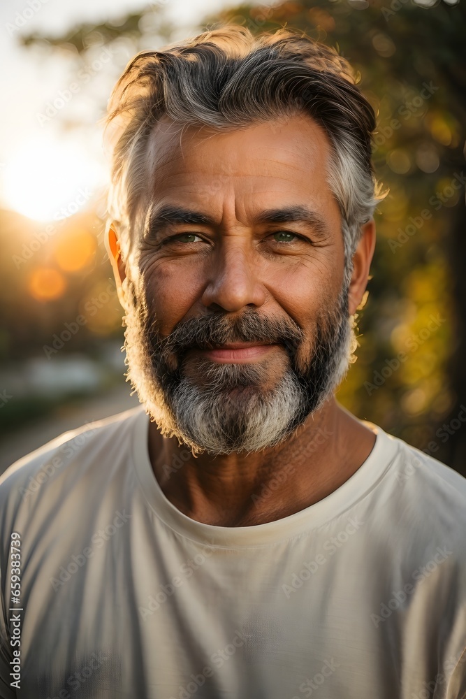 Fototapeta premium full body portrait of senior black bearded male with short brown hair and green eyes, wearing white t-shirt during late autumn sunset with a sunflares in the background. generative ai.