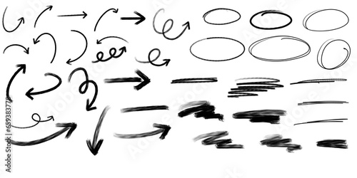 Set of hand-drawn arrows, circles and lines. Collection of hand drawn arrows on a transparent background. Arrow icons