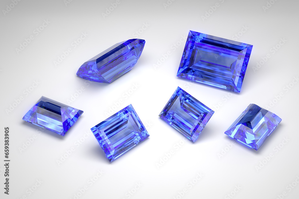 Scattering of blue sapphires of different sizes on a white background. Exhibition of precious stones. Baguette cut. 3d rendering. Scattering of blue sapphires of different sizes on a white background. Exhibition of precious stones. Baguette cut. 3d rendering.