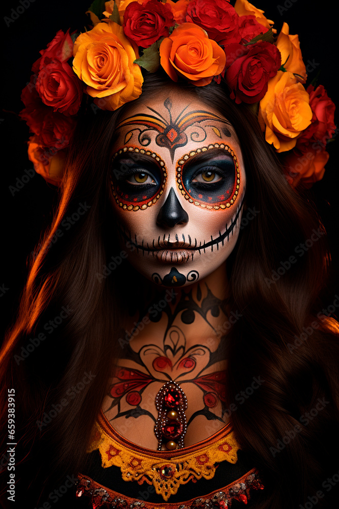 A beautiful woman with long straight hair, celebrating Day of the Dead in Mexico, adorned with traditional marigold flowers and sugar skull makeup A beautiful woman with long straight hair, celebrating Day of the Dead in Mexico, adorned with traditional marigold flowers and sugar skull makeup