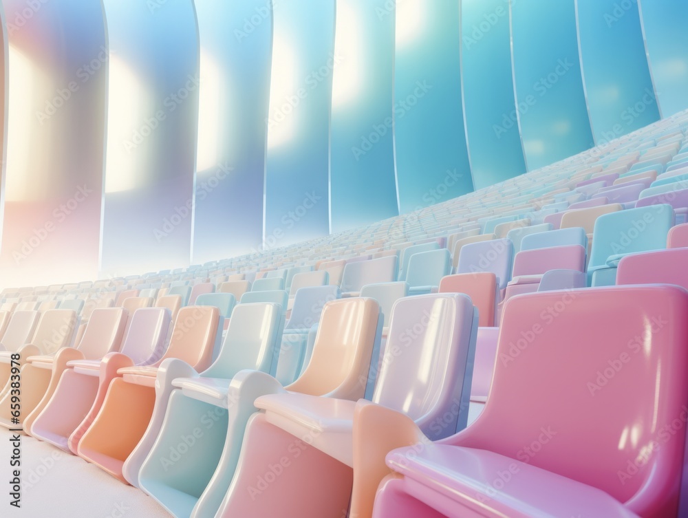 Fototapeta premium An array of vibrantly-colored chairs fill the indoor stadium, creating a dynamic atmosphere of energy and excitement