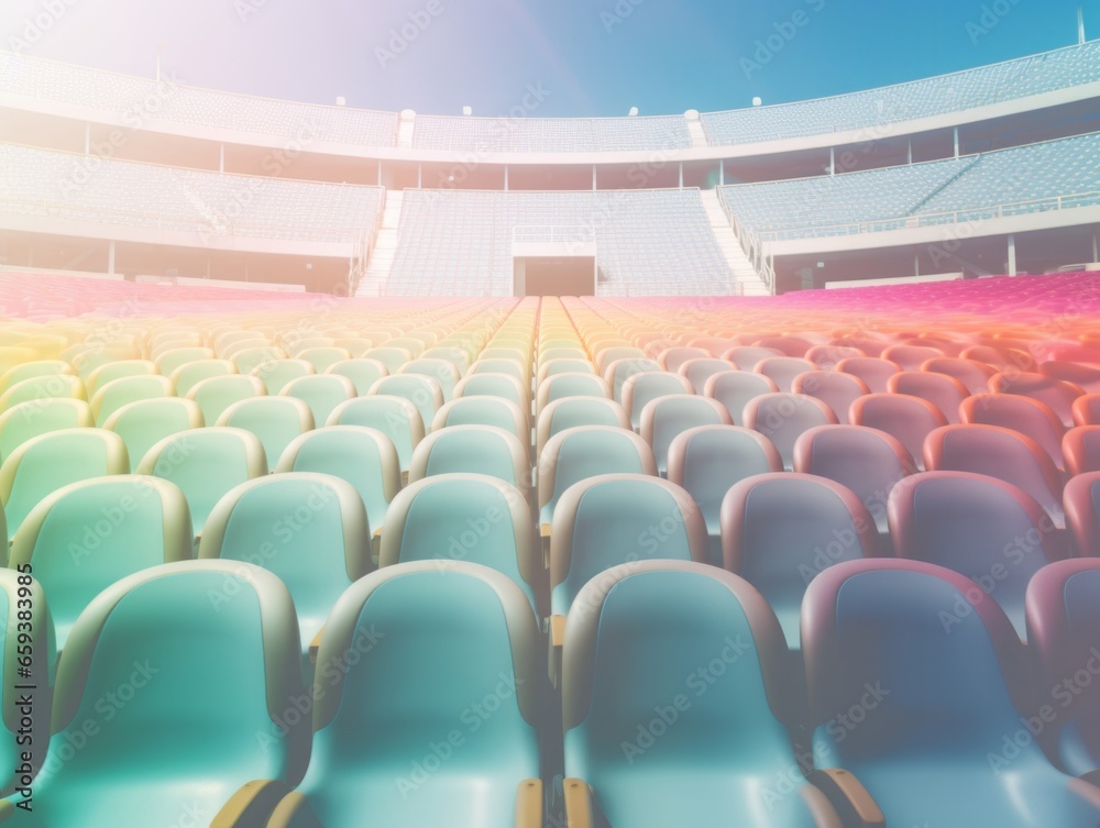 Naklejka premium The sky above the stadium is alive with color as the audience fills the arena with cheers, while rows of brightly-colored chairs form a vibrant landscape below