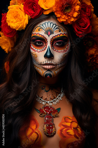 A beautiful woman with long straight hair, celebrating Day of the Dead in Mexico, adorned with traditional marigold flowers and sugar skull makeup