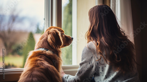A picturesque moment of a pet owner and their dog gazing out of a window at the world outside, Pets with owners, home