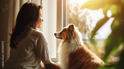 A picturesque moment of a pet owner and their dog gazing out of a window at the world outside, Pets with owners, home photo
