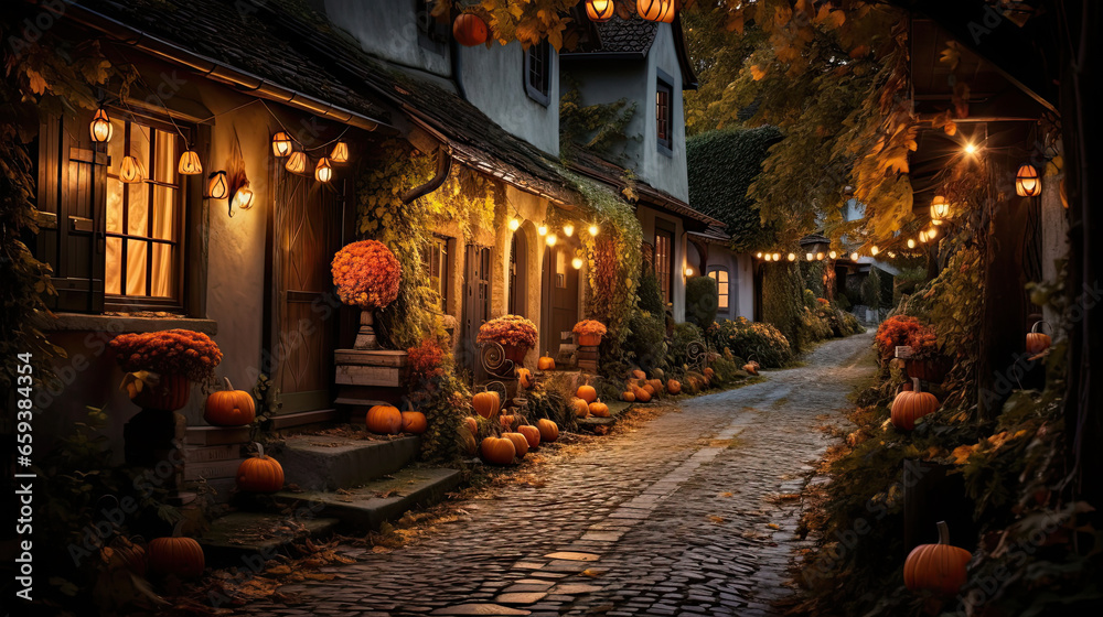 Fototapeta premium Pumpkin-Lined Alley in a Historical Village