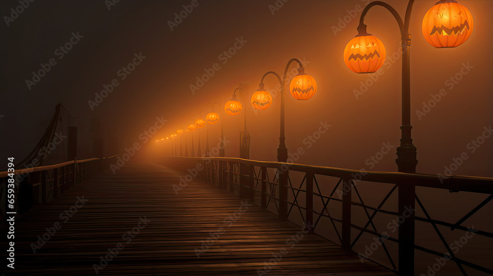 Pumpkin Lanterns Along a Foggy Pier