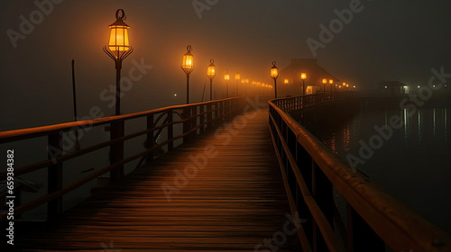 Pumpkin Lanterns Along a Foggy Pier