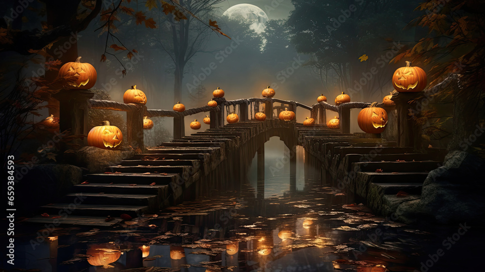 Obraz premium Pumpkin-Lined Bridge Over a Misty River