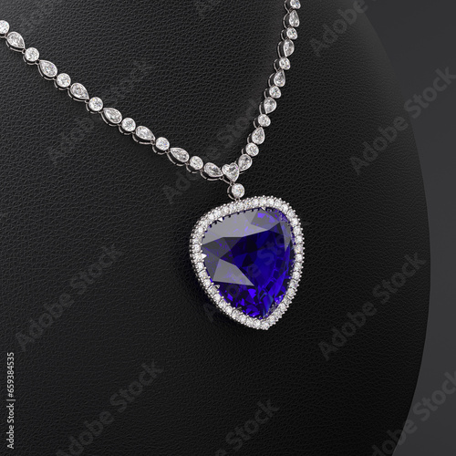 Luxurious necklace of diamonds and blue sapphire in the form of a heart on a leather stand in the form of a bust. Side view. Jewelry showcase. 3d rendering.