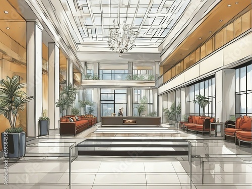A grand lobby area of a corporate building with sophisticated decor and a reception desk.