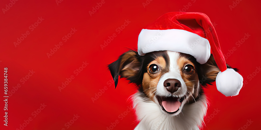 Close-up of an expressive dog wearing a Santa Claus hat on a red background with copy space