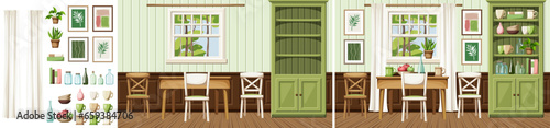 Dining room interior with a table, chairs, a green cupboard, and a window. Cozy dining room interior design. Home decoration before and after. Interior constructor. Cartoon vector illustration