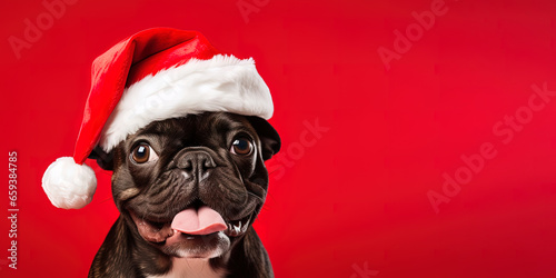 Close-up of an expressive dog wearing a Santa Claus hat on a red background with copy space © degungpranasiwi