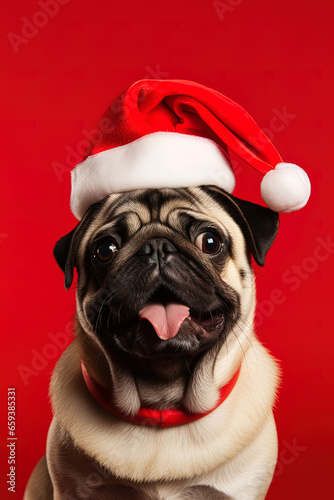 Close-up of an expressive dog wearing a Santa Claus hat on a red background © degungpranasiwi