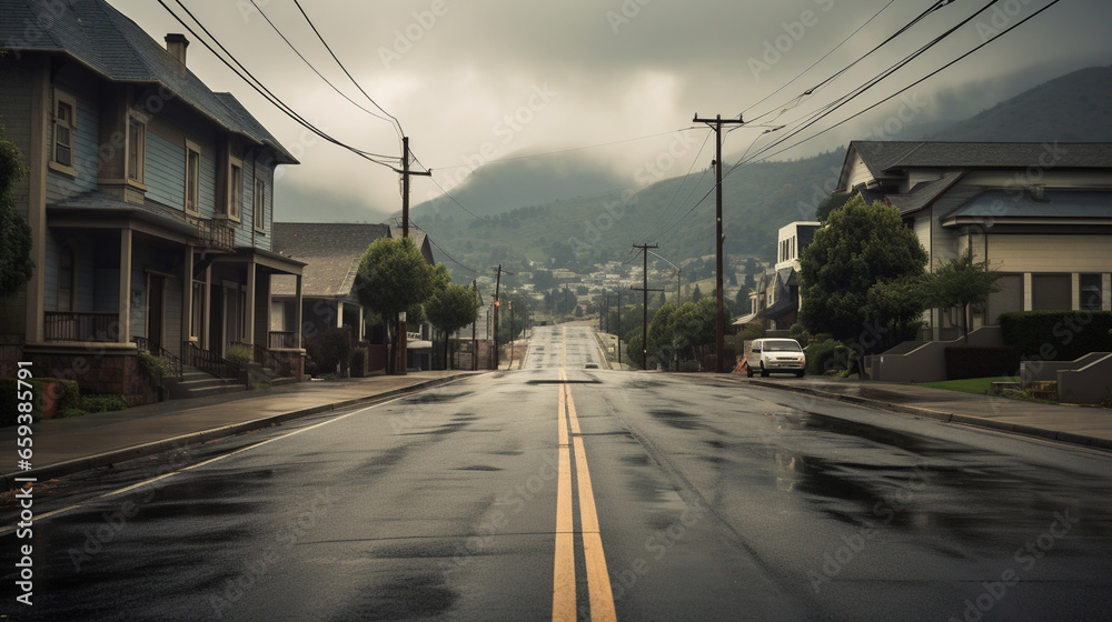 雨の日　郊外の小さな町のまっすぐ続く道