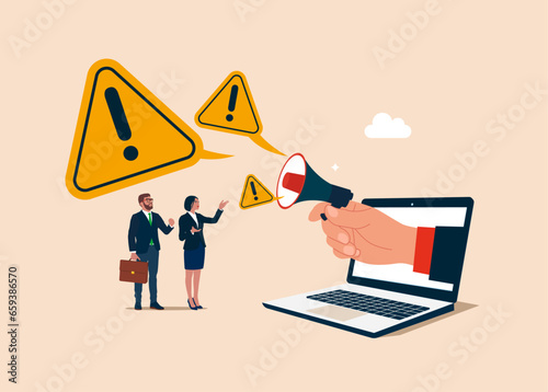 Holding a loudspeaker big bubble incident with exclamation attention sign. Vector illustration
