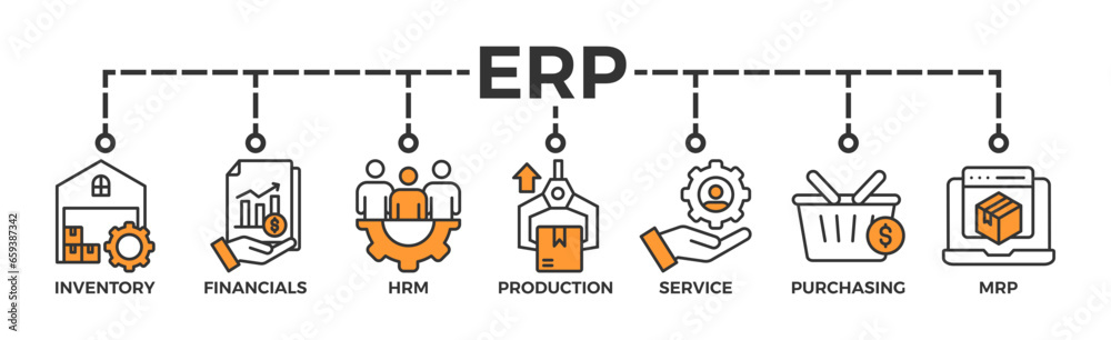 ERP banner web icon vector illustration concept for enterprise resource planning with icon of inventory, financials, hrm, production, service, purchasing, and mrp