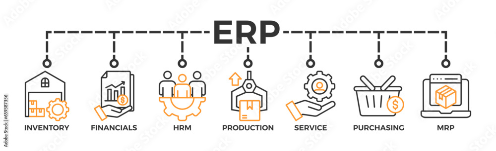 ERP banner web icon vector illustration concept for enterprise resource planning with icon of inventory, financials, hrm, production, service, purchasing, and mrp ERP banner web icon vector illustration concept for enterprise resource planning with icon of inventory, financials, hrm, production, service, purchasing, and mrp