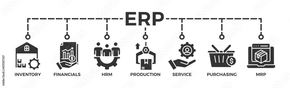 ERP banner web icon vector illustration concept for enterprise resource planning with icon of inventory, financials, hrm, production, service, purchasing, and mrp