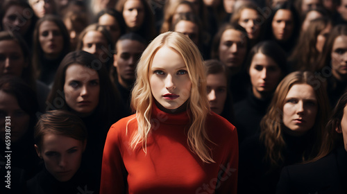 Stand out from the crowd concept with blonde woman standing out from large crowd of people © Alin