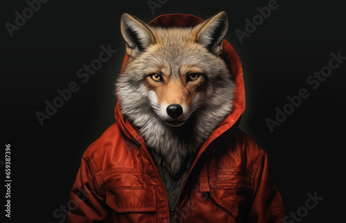 Anthropomorphic coyote in a red raincoat