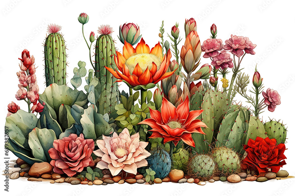 Obraz premium Set of cactus plants, succulents, 3D rendering. For digital composition, transparent PNG background. Generative Ai. 