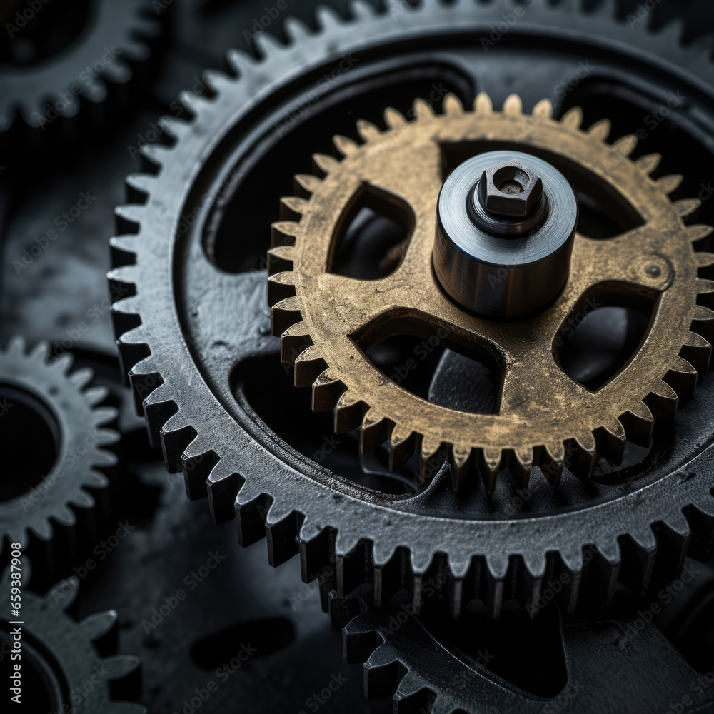 Metal cogs of a complex mechanism or engine Metal cogs of a complex mechanism or engine