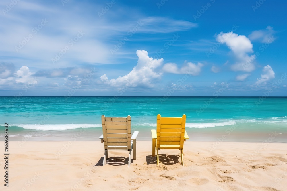 Two beach chairs on tropical vacation at sea