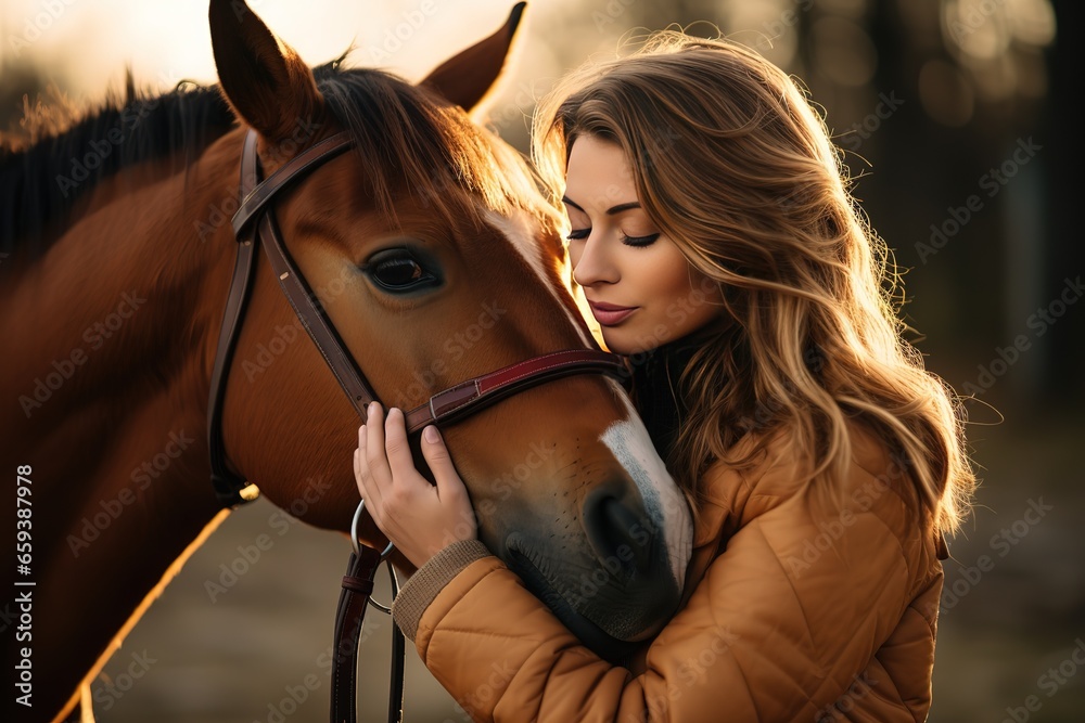 Vet kissing a horse outdoors at ranch. - obrazy, fototapety, plakaty 