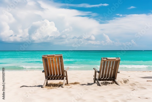 Two beach chairs on tropical vacation at sea © Zaleman