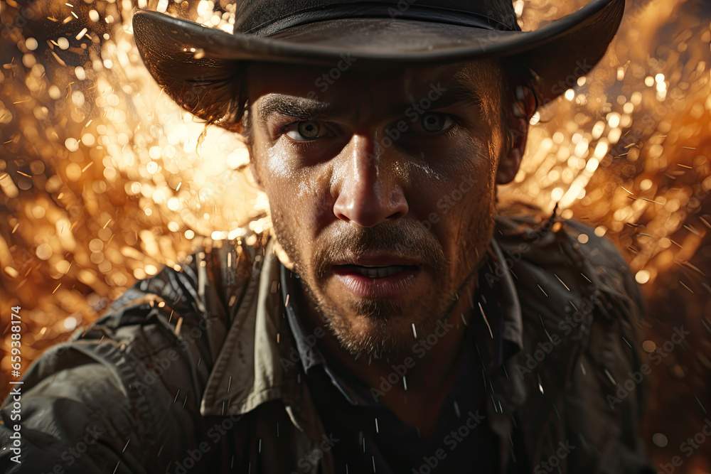 Charismatic cowboy in a hat swiftly swims across the swamps Charismatic cowboy in a hat swiftly swims across the swamps