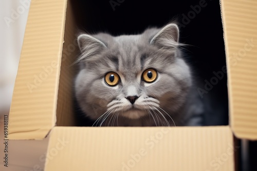 Cute cat under cardboard box