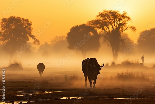 Morning mist buffalo in Hwange park Zimbabwe © Zaleman