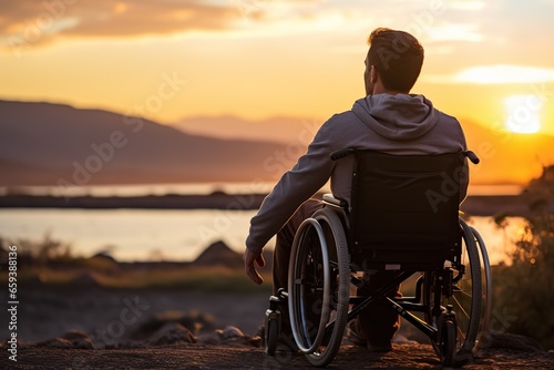 A man in a wheelchair at sunset photo