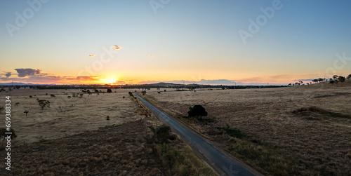 Road across cattle grazing farmland near Rockhampton  Queensland  Australia