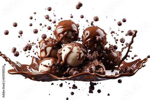 Chocolate bonbon dropping into liquid chocolate. 3d rendering, transparent PNG background, Generative Ai.