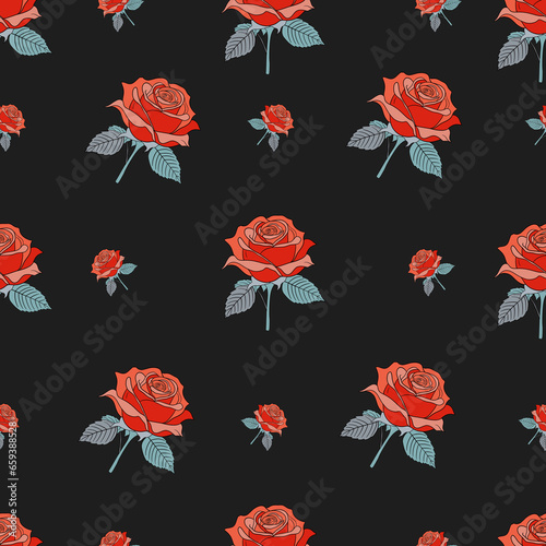 Red roses pattern handdrawn illustration. Seamless pattern of red roses on a black background