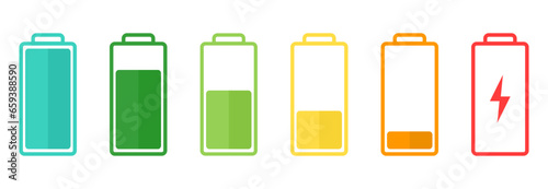 Set of colorful battery level form full to low flat illustration