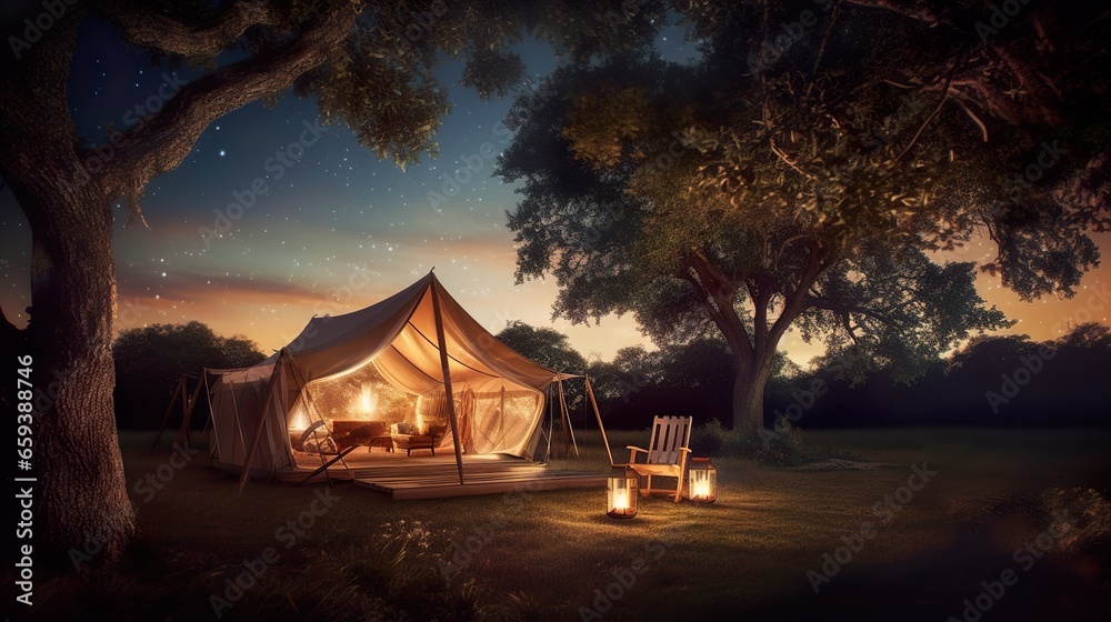 Serenade of stars Tent set up under the night sky, embracing tranquility. Serenade of stars Tent set up under the night sky, embracing tranquility.