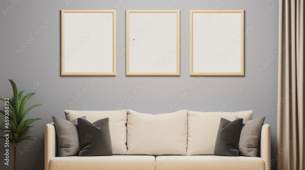 Poster-Ready Comfort: Cozy Room with Three Empty Frames Above the Sofa, Mockup for Posters. Poster-Ready Comfort: Cozy Room with Three Empty Frames Above the Sofa, Mockup for Posters.