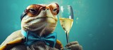 New Year's Eve, Sylvester, New Year or birthday party celebration greeting card - A funny turtle with champagne glass, champagne cheers during a celebration, isolated on blue background