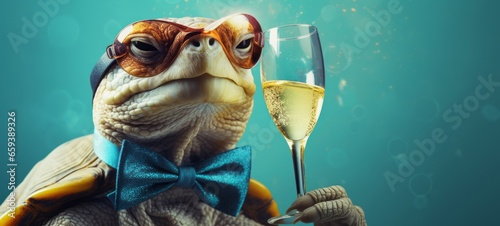 New Year's Eve, Sylvester, New Year or birthday party celebration greeting card - A funny turtle with champagne glass, champagne cheers during a celebration, isolated on blue background