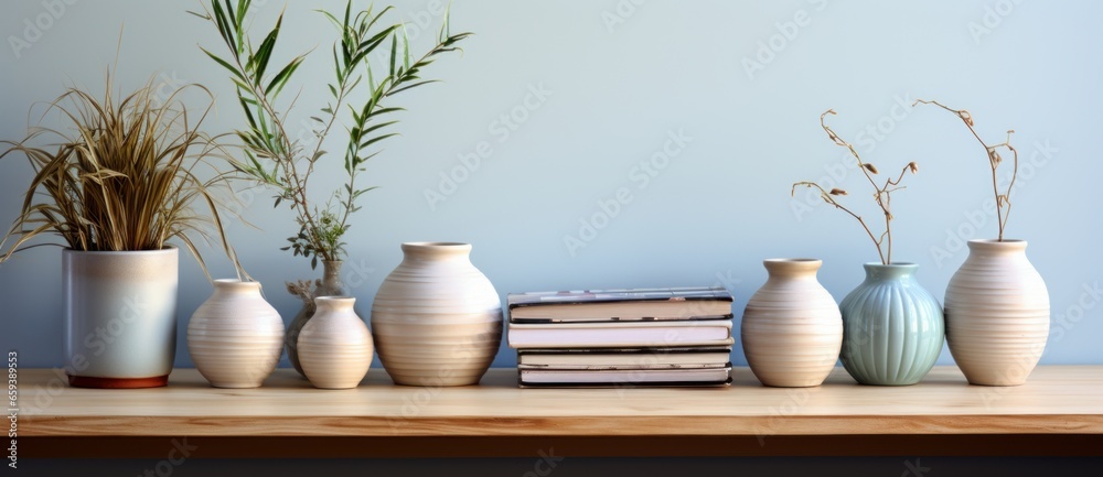 stylish minimalistic interior, table with clay vase with flowers, stack of book, copy space, stylish minimalistic interior, table with clay vase with flowers, stack of book, copy space,