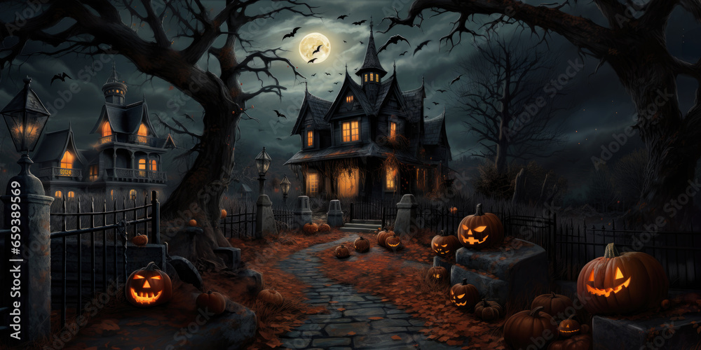 Halloween. Illustration of horror house in the woods. Moon, bats and curved pumpkins. Ai generated image   