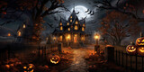 Halloween. Illustration of horror house in the woods. Moon, bats and curved pumpkins. Ai generated image   