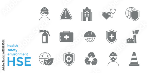 Health Safety Environment flat glyphic icons set. First aid kit, danger, protective mask, heart,cone vector illustration. 