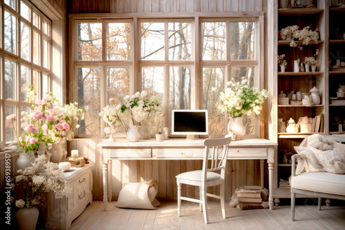 Old vintage white working desk next to window, room in vintage interior design,