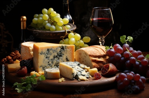 Various types of cheese  grapes and snacks on dark background.