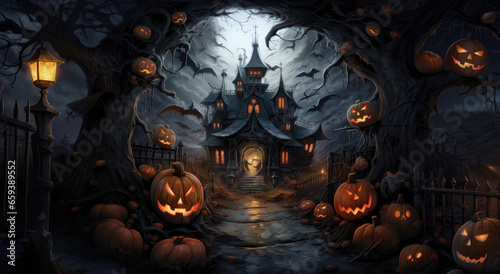 Halloween. Illustration of horror house in the woods. Moon, bats and curved pumpkins. Ai generated image 